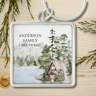 Green Pine Forest Family Lake House Cabin Keychain