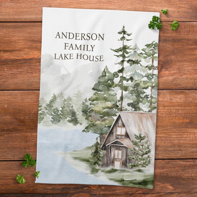 Green Pine Forest Family Lake House Cabin Kitchen Towel (Close up)