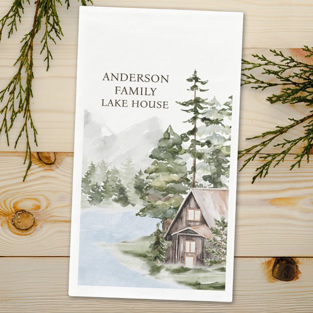 Green Pine Forest Family Lake House Cabin Paper Guest Towels (Close up)