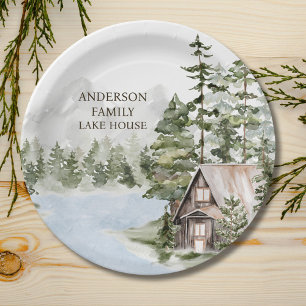 Green Pine Forest Family Lake House Cabin Paper Plates