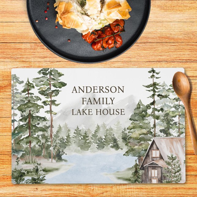 Green Pine Forest Family Lake House Cabin Placemat (In situ)