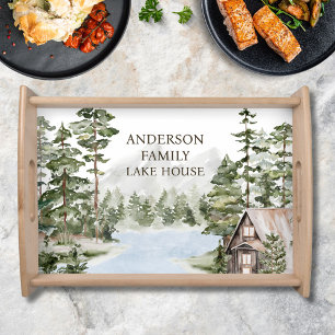 Green Pine Forest Family Lake House Cabin Serving Tray