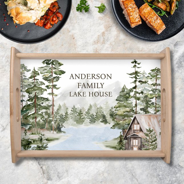 Green Pine Forest Family Lake House Cabin Serving Tray (In situ)