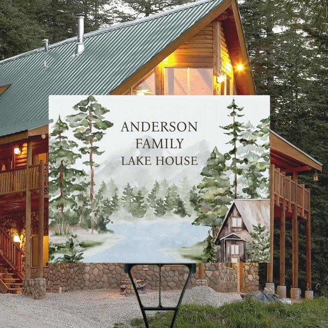 Green Pine Forest Family Lake House Cabin Sign (In situ)