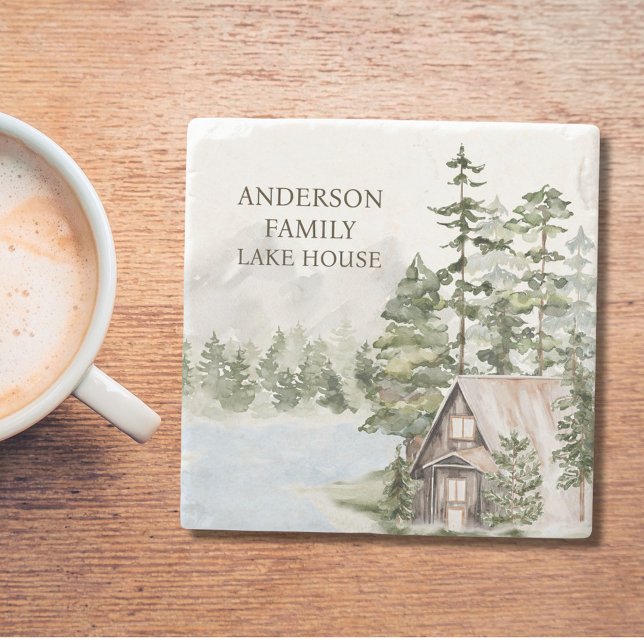 Green Pine Forest Family Lake House Cabin Stone Coaster (In situ)