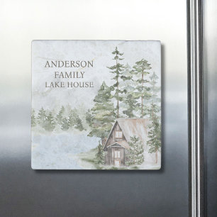 Green Pine Forest Family Lake House Cabin Stone Magnet