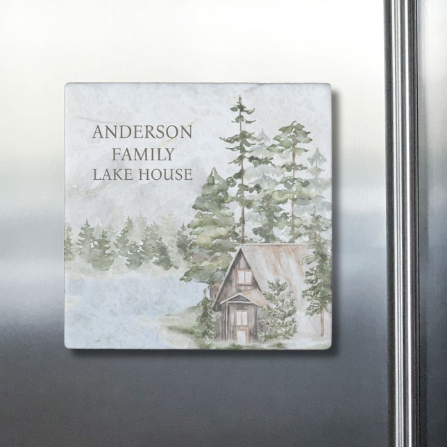 Green Pine Forest Family Lake House Cabin Stone Magnet (In situ)