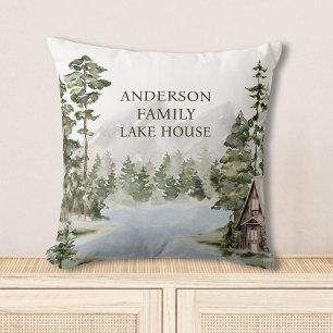 Green Pine Forest Family Lake House Cabin Throw Pillow