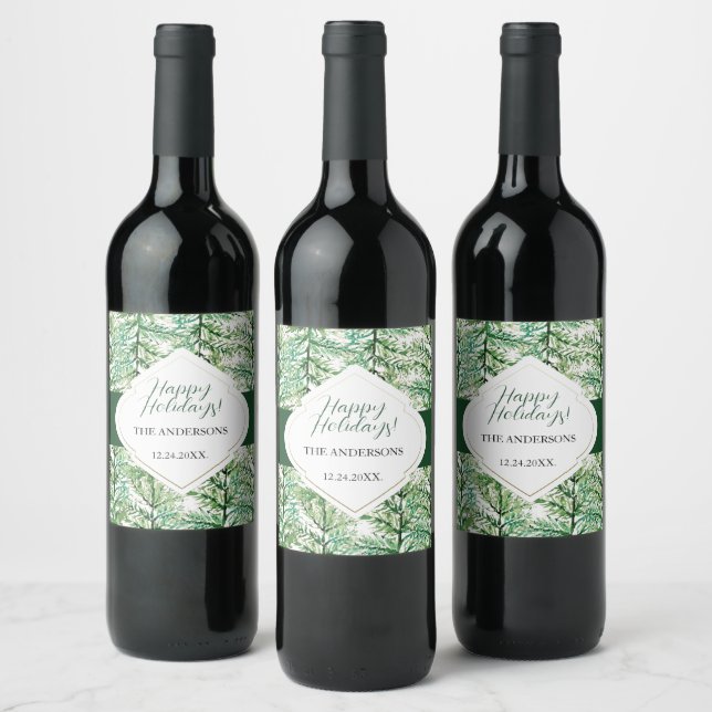 Green Pine Forest Holiday Wine Label (Bottles)