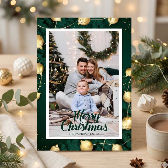 Green Pine & Gold Ornaments Christmas Photo Holiday Card (Green Pine & Gold Ornaments Christmas Photo – Modern Script, Personalized)