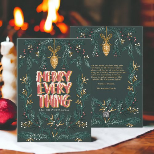 Green pine illustration gold cool Merry Christmas Holiday Card