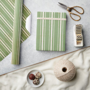 Green Pine Leaves Vintage Stripe Wrapping Paper