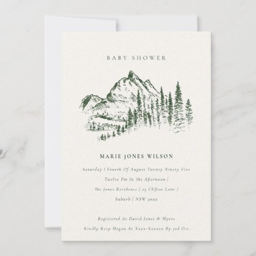 Green Pine Mountain Sketch Baby Shower Invite