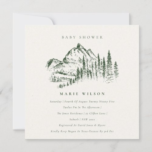 Green Pine Mountain Sketch Baby Shower Invite