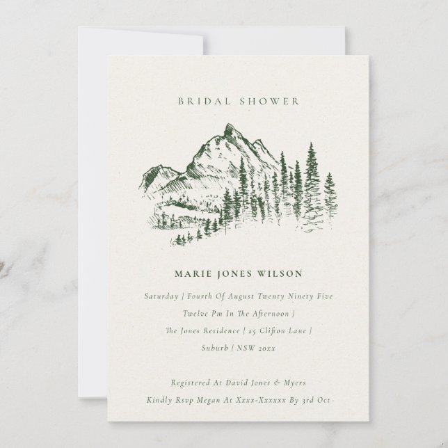 Green Pine Mountain Sketch Bridal Shower Invite (Front)