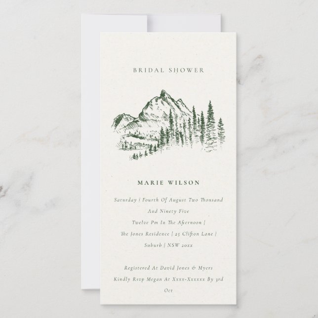 Green Pine Mountain Sketch Bridal Shower Invite (Front)