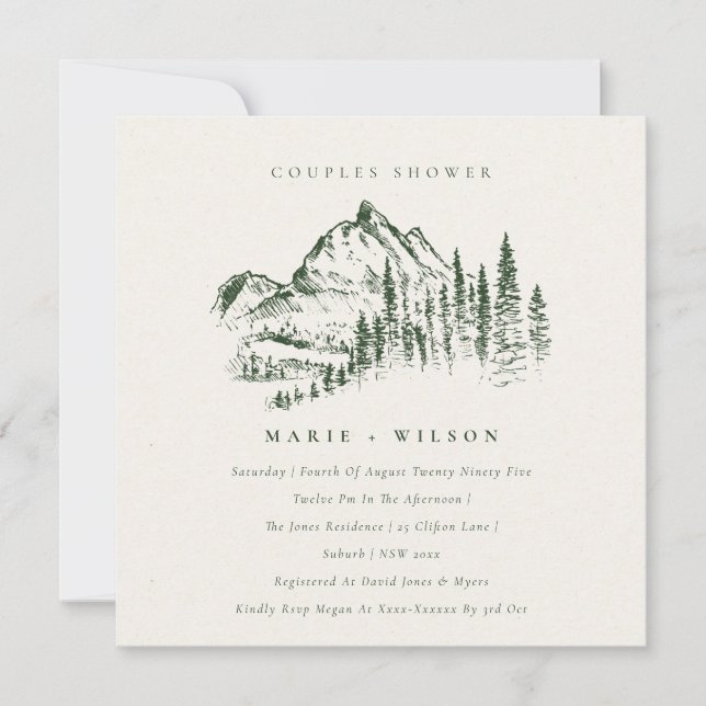 Green Pine Mountain Sketch Couples Shower Invite (Front)