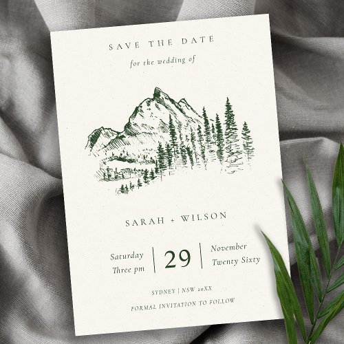 Green Pine Mountain Sketch Save The Date Card