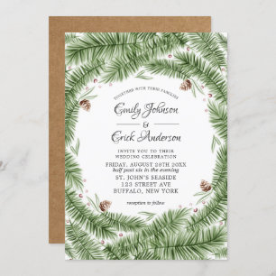 Green Pine Needle Pinecone Kraft Christmas Wedding Invitation