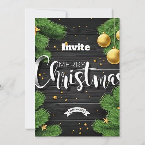 Green pine needles golden lucky stars and gifts invitation