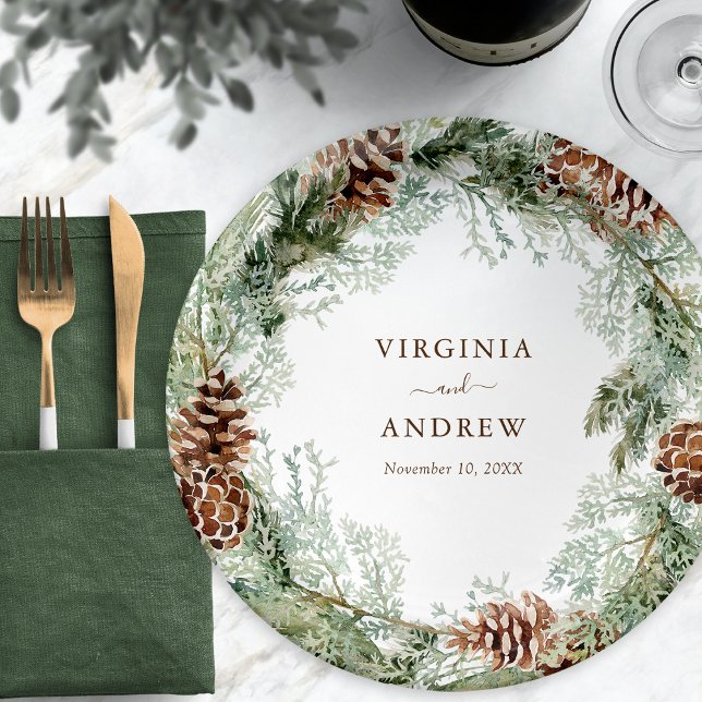 Green Pine Paper Plates (Green Watercolor Evergreen Pinecones Paper Plates by Painted Paperie)