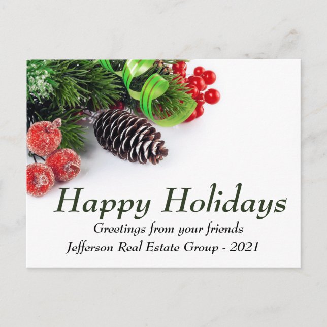 Green Pine Red Happy Holidays Corporate Greeting Postcard (Front)