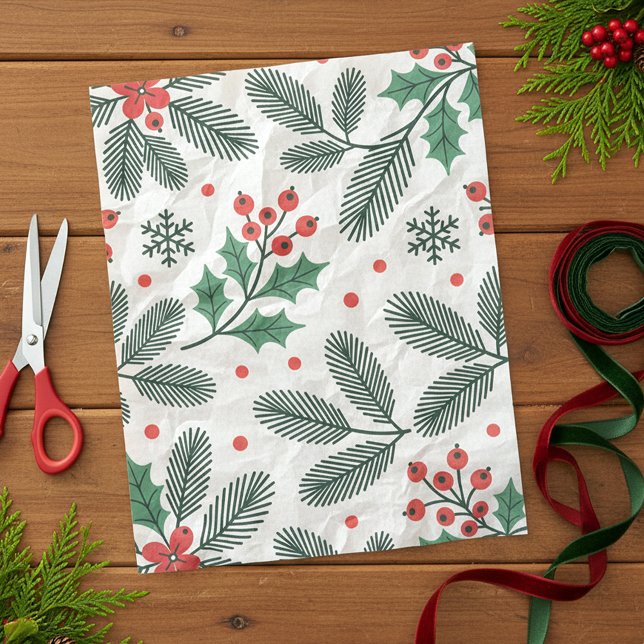 Green Pine Red Holly Berries Snowflakes Holiday Tissue Paper (Creator Uploaded)