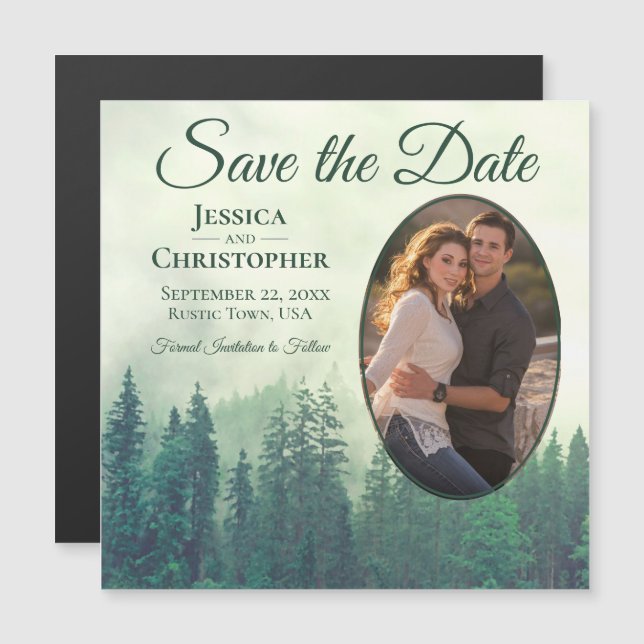 Green Pine Rustic Oval Photo Wedding Save the Date Magnetic Invitation (Front/Back)