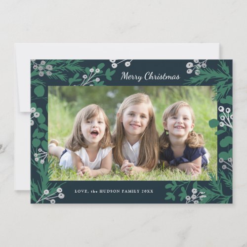 Green Pine Silver Foil Berries Christmas One Photo Holiday Card