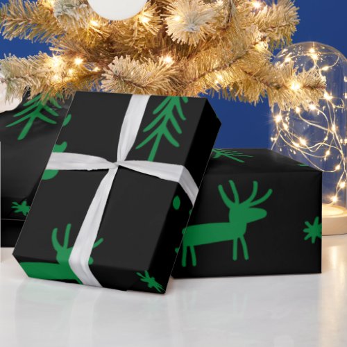 Green Pine Tree Black Christmas Pattern    Wrapping Paper