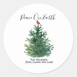 Green Pine Tree Red Cardinal Peace on Earth Custom Classic Round Sticker