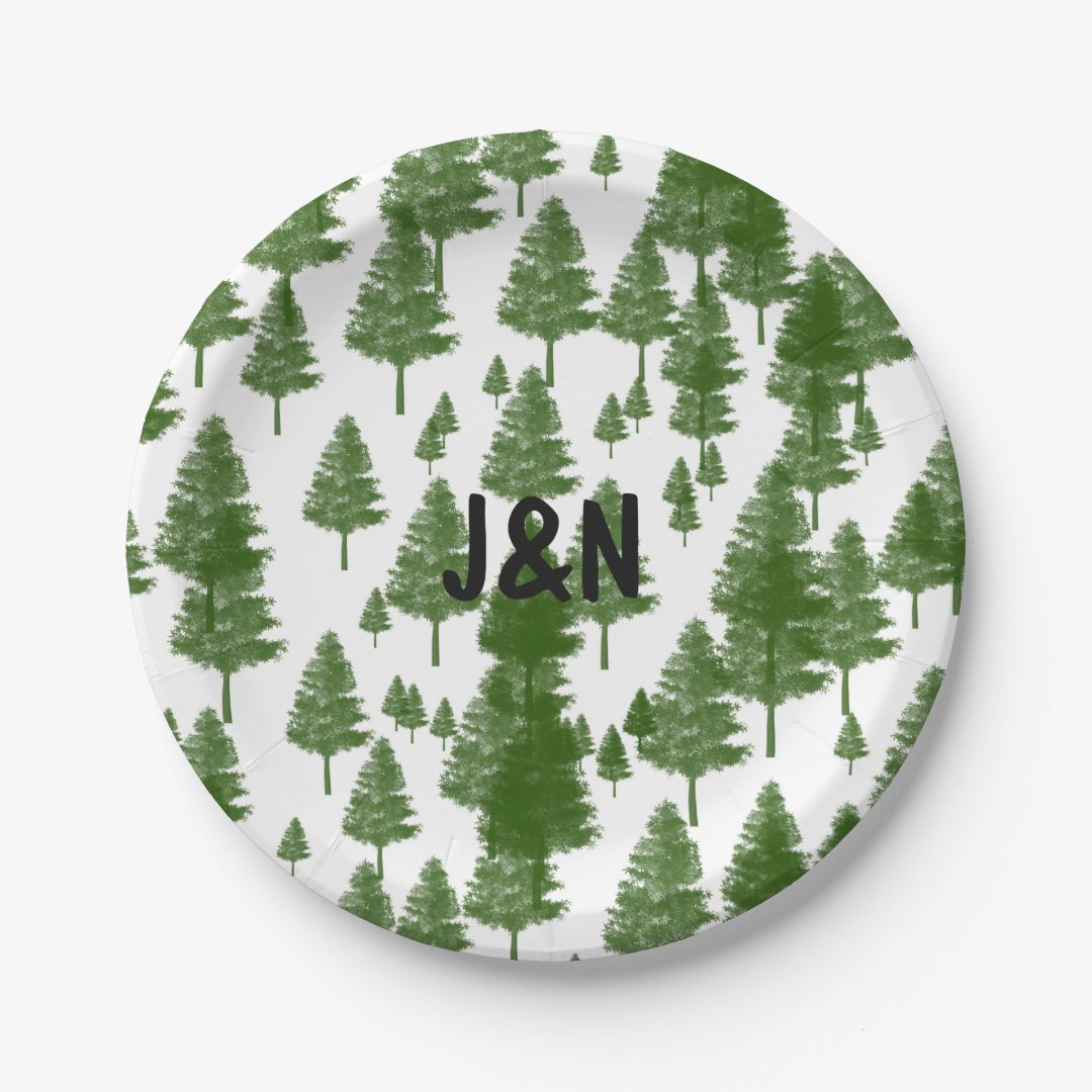 Green Pine Tree Rustic Country Wedding Plates | Zazzle