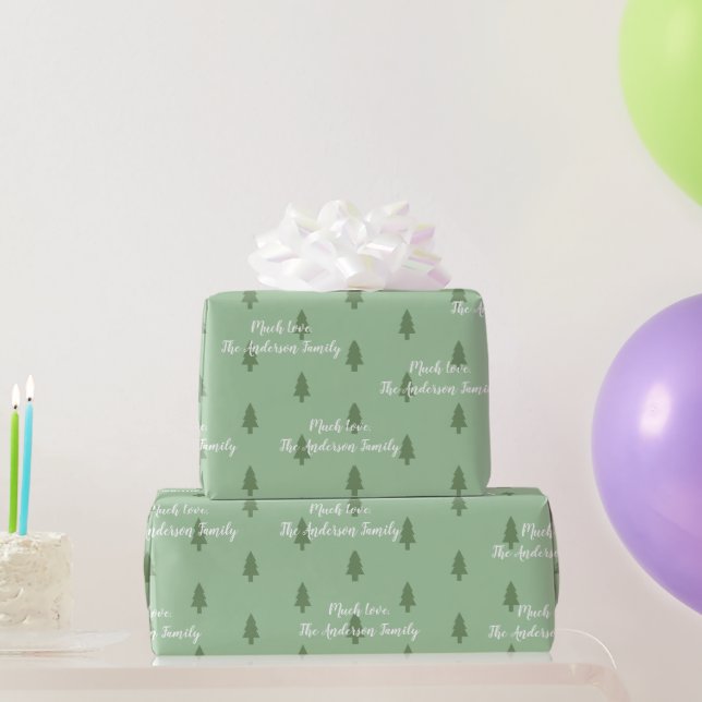 Green Pine Tree Simple Modern Pattern Your Name Wrapping Paper (Party Gifts)
