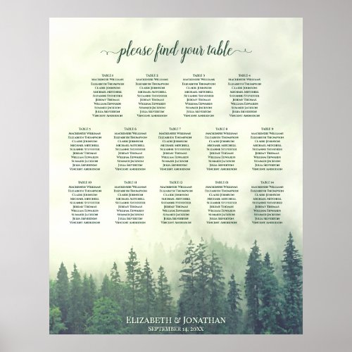 Green Pine Trees 14 Table Wedding Seating Chart