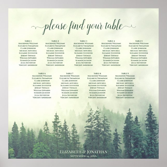 Green Pine Trees 9 Table Wedding Seating Chart (Front)