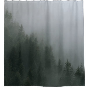 GREEN PINE TREES COVERED WITH FOG SHOWER CURTAIN