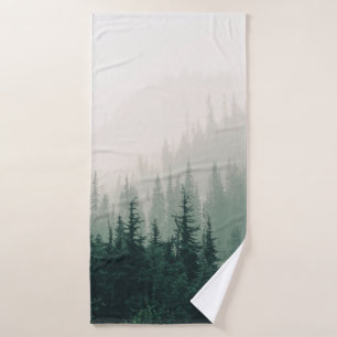 GREEN PINE TREES ON FOGGY WEATHER BATH TOWEL