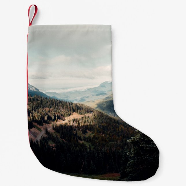 GREEN PINE TREES ON MOUNTAIN UNDER WHITE CLOUDS DU SMALL CHRISTMAS STOCKING (Front)