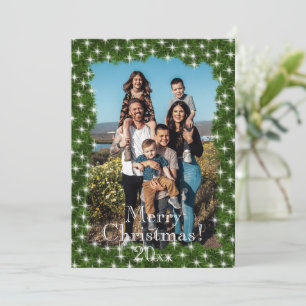 Green Pine Twinkle Lights Photo Personalized Holiday Card
