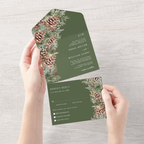 Green Pine Wedding All In One Invitation