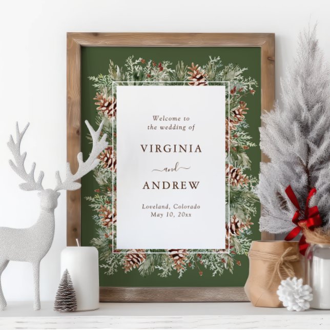 Green Pine Welcome Foam Board (Green Watercolor Pinecone Evergreen Greenery Welcome Foam Board by Painted Paperie)