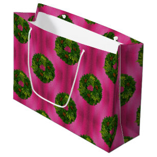 Green Pine Whimsical Wreaths on Pink Christmas Large Gift Bag