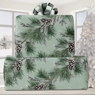 Green Pine White Cones Silver Spruce Garland Sage Wrapping Paper