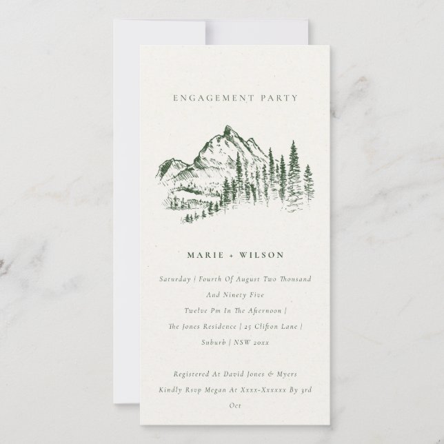 Green Pine Woods Mountain Sketch Engagement Invite (Front)