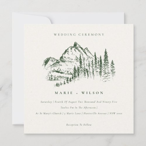 Green Pine Woods Mountain Sketch Wedding Invite