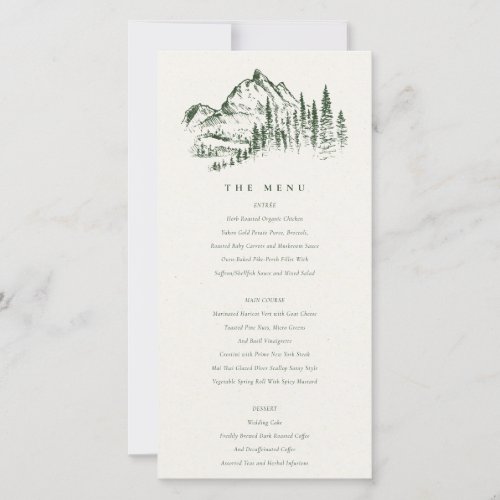 Green Pine Woods Mountain Sketch Wedding Menu Card