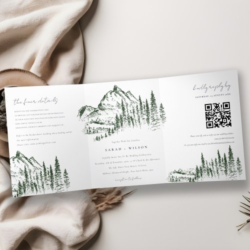 Green Pine Woods Mountain Sketch Wedding QR Code Tri_Fold Announcement