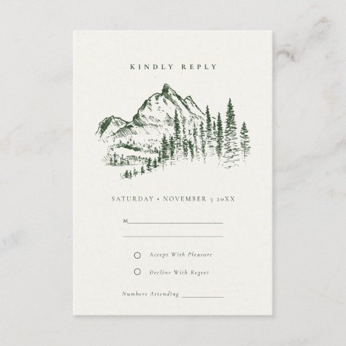 Green Pine Woods Mountain Sketch Wedding RSVP Enclosure Card