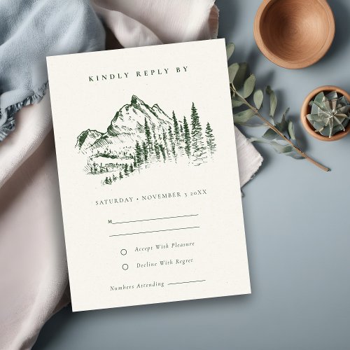 Green Pine Woods Mountain Sketch Wedding RSVP Invitation