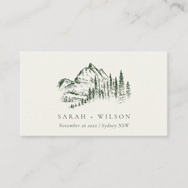 Green Pine Woods Mountain Sketch Wedding Website Enclosure Card (Front)